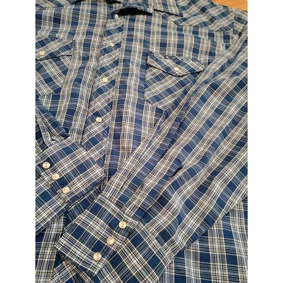 Wrangler Western Shirt Mens 3X Tall Pearl Snap Button Blue Plaid Long Sleeve - Picture 2 of 6